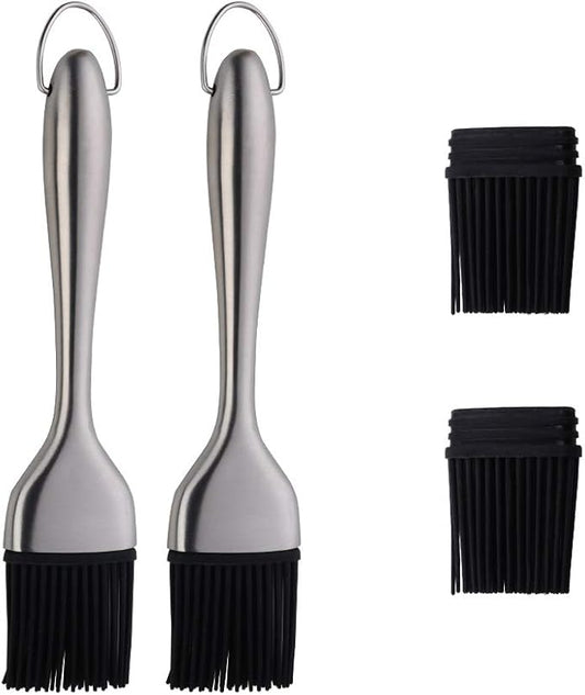 2 Pack Grill Basting Brush with 2 Pack Back Up Silicone Brush Heads, No Shed Bristles Stainless Steel Handles Heatproof Rust Resistant, Pastry Brushes for Kitchen Cooking BBQ (Silver)