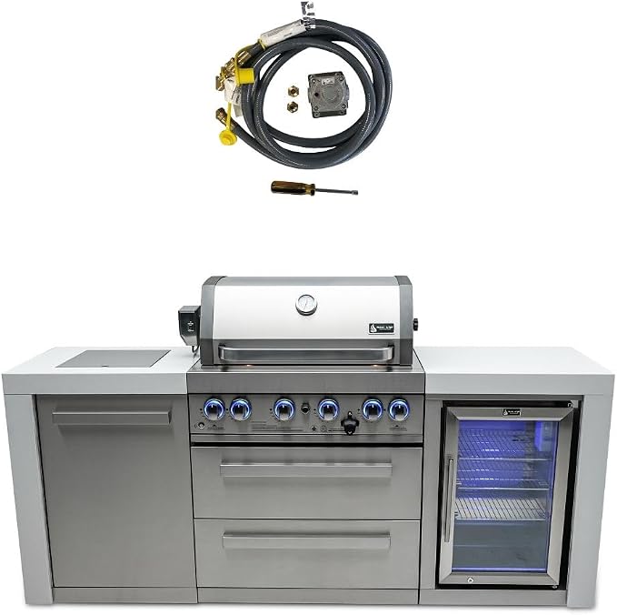 Mont Alpi MAi400-DFC-NG 4-Burner 78000 BTU Deluxe Stainless Steel Modular Outdoor Kitchen Island Grill with MANGK Natural Gas Conversion Kit + Fridge Cabinet, Granite Countertops & 2 Infrared Burners