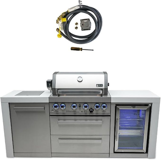 Mont Alpi MAi400-DFC-NG 4-Burner 78000 BTU Deluxe Stainless Steel Modular Outdoor Kitchen Island Grill with MANGK Natural Gas Conversion Kit + Fridge Cabinet, Granite Countertops & 2 Infrared Burners