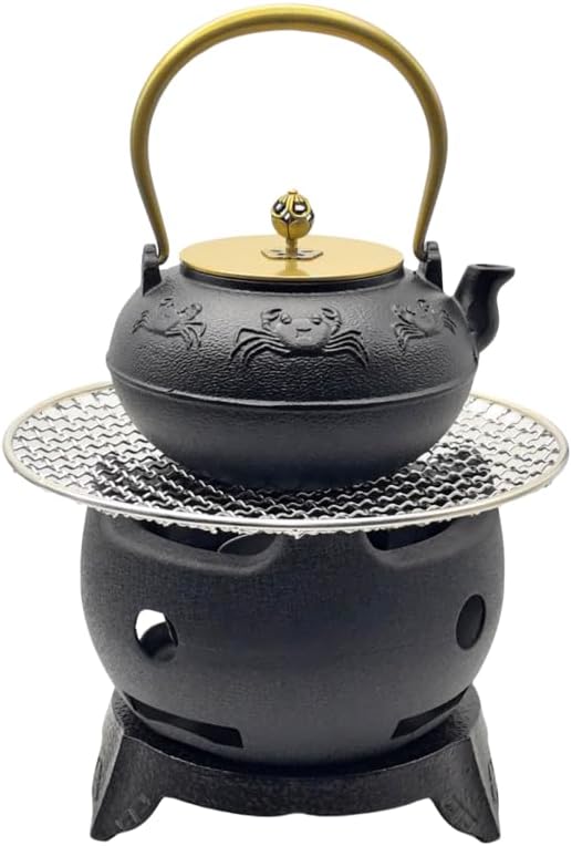 Aluminium Alloy BBQ Grill Stove Charcoal Barbecue for Household, Tea Kettle Warmer, Tea Stove with Cast Iron Trivet and 304 Stainless Steel Mesh, Portable Grill (44oz Teapot Set with Stove)