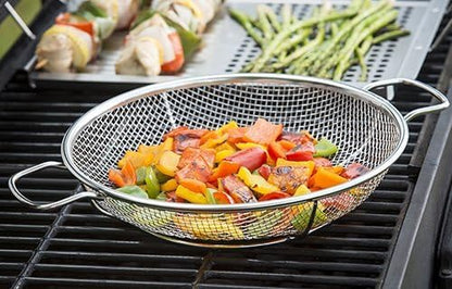 TableCraft BBQ Stainless Steel Cast Iron 16-Inch Round Grilling Basket, Small, Silver