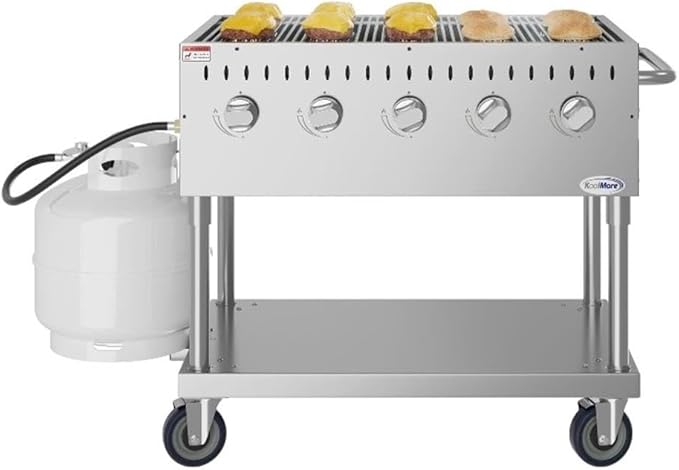 Pemberly Row 36" Commercial Mobile Outdoor Propane BBQ Grill, Stainless Steel Flat Top with 5 Burners, Heavy Duty Rolling Griddle