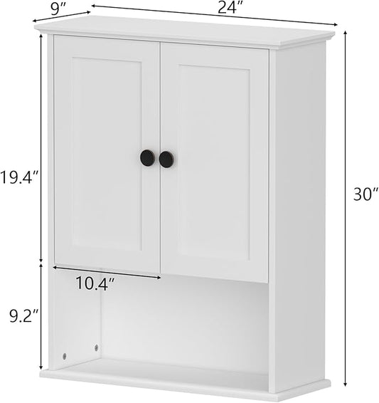 Medicine Cabinet, Above Toilet Storage Cabinet, 24x30 Inch Bathroom Wall Cabinet Over Toilet with 2 Soft-Close Shaker Doors & Adjustable Wood Shelf, Bathroom Cabinet Wall Mount White