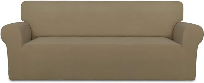 PureFit Stretch Couch Covers for Sofa Large Sofa Slipcovers Tan | 1-Piece Sofa Cover Washable Soft Couch Protector, Couch Slipcover with Non Skid Foam and Elastic Bottom for Kids, Dogs