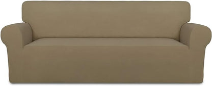PureFit Stretch Couch Covers for Sofa Large Sofa Slipcovers Tan | 1-Piece Sofa Cover Washable Soft Couch Protector, Couch Slipcover with Non Skid Foam and Elastic Bottom for Kids, Dogs