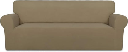 PureFit Stretch Oversized Couch Covers Fleece Sofa Slipcovers Tan | 1-Piece Sofa Cover Washable Soft Couch Protector, Couch Slipcover with Non Skid Foam and Elastic Bottom for Kids, Dogs