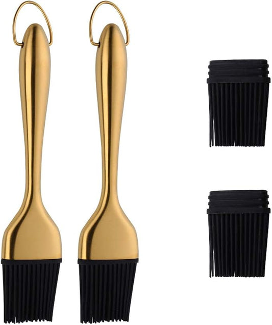 2 Pack Grill Basting Brush with 2 Pack Back Up Silicone Brush Heads, No Shed Bristles Stainless Steel Handles Heatproof Rust Resistant, Pastry Brushes for Kitchen Cooking BBQ (Gold)