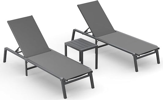 Ciokea Aluminum Foldable Lounge Chairs Set of 2 with 1 Outdoor Aluminum Side Table ，Perfect Match ，Suitable for Courtyard, Balcony, Lawn and Other Scenes，Grey