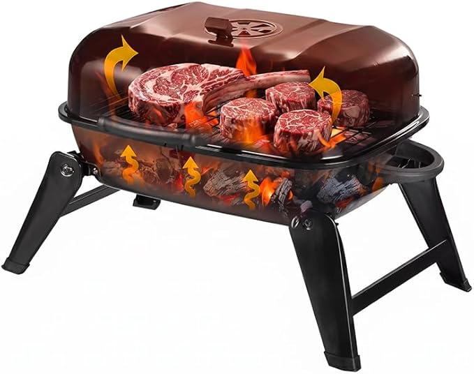 18 inch Portable Barbecue Grill, Foldable Charcoal Grill with 6-Point Locking Lid for Heat Preservation, Small Charcoal Grill for Outdoor Camping, Patio, Tailgating, Travel