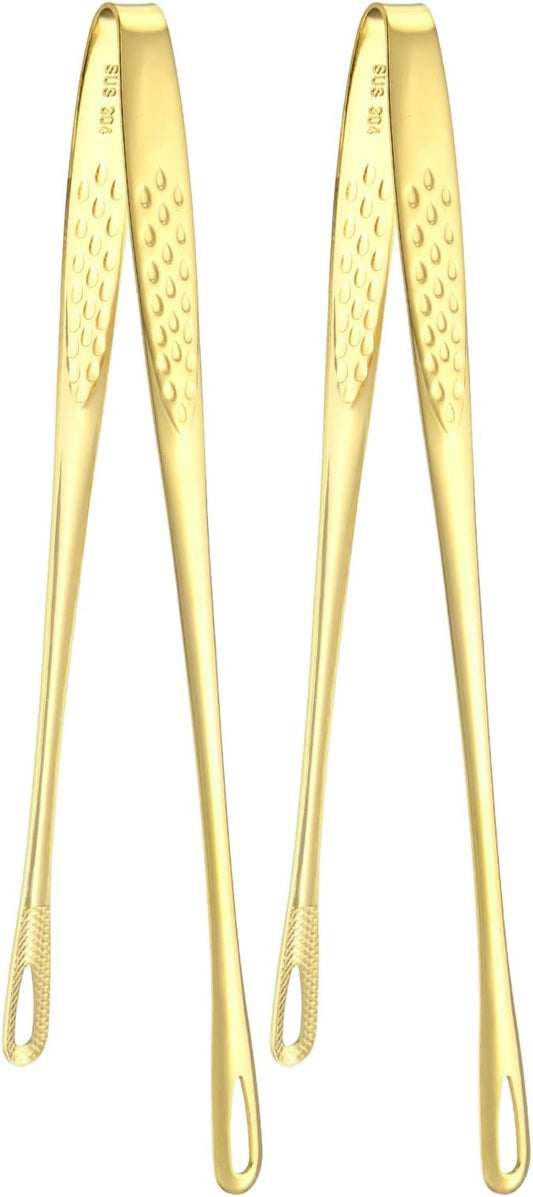 M METERXITY 2-Pack Extra Long Grill Tongs, 9.4 Inch Non-Slip 304 Stainless Steel Locking Tongs for Cooking/Buffet/Outdoor Barbecue, Korean BBQ Tweezers Metal Clamp Tool [Gold Tone]