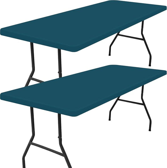 Smiry 2 Pack Rectangle Tablecloth, Elastic Fitted Flannel Backed Vinyl Tablecloths for 6ft Folding Tables, Waterproof Wipeable Table Covers for Outdoor, Picnic and Camping (Peacock Blue, 30"x72")