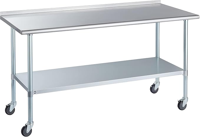Stainless Steel Table for Prep & Work with Caster & Backsplash 30x72 Inches, NSF Metal Commercial Kitchen Heavy Duty Table with Adjustable Under Shelf and Table Foot for Restaurant, Home and Hotel
