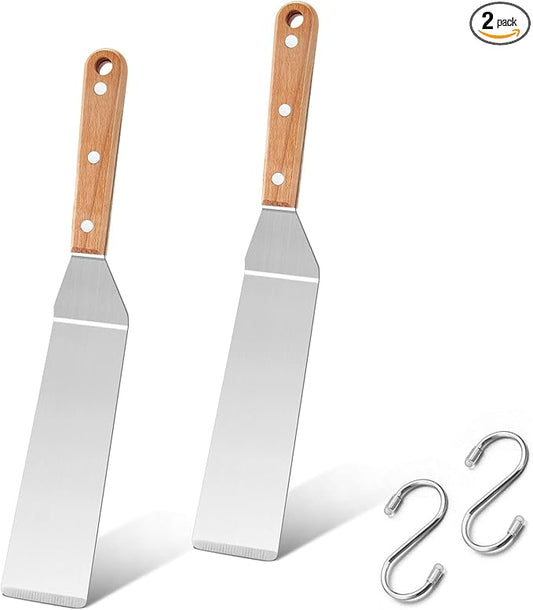 Metal Spatula Set of 2, HaSteeL 12In Long Stainless Steel Griddle Spatula, Heavy Duty Narrow Pancake Flipper Burger Turner for Teppanyaki Flat Top Hibachi Indoor Outdoor, Wooden Handle & Easy to Clean