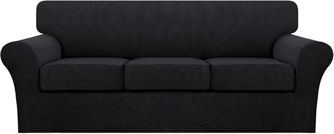 Turquoize 4 Piece Sofa Covers for 3 Cushion Couch Sofa Slipcover Soft Couch Cover for Dogs Washable Furniture Cover with 3 Individual Large Cushion Covers Feature Fabric (Large Sofa, Black)