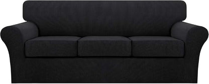 Turquoize 4 Piece Sofa Covers for 3 Cushion Couch Sofa Slipcover Soft Couch Cover for Dogs Washable Furniture Cover with 3 Individual Large Cushion Covers Feature Fabric (Large Sofa, Black)