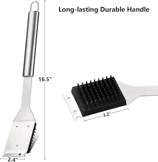 16.5” Grill Brush and Scraper with 2 Brush Replacements & 1 Screwdriver, Wire BBQ Grill Brush for Outdoor Grill, 304 Stainless Steel Cleaning Brush BBQ Grill Accessories
