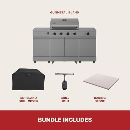 Tytus Fresno 5-Burner Propane or Natural Gas Island Grill – 864 sq. in. Cooking, 48,000 BTU Main + 12,000 BTU Side Burner, Porcelain Grates, Storage Cabinets, Semi-Portable - All Gunmetal Deluxe Kit