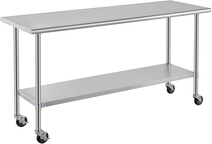 ROCKPOINT All Stainless Steel Prep Table with Caster 24x72 Inch, Commercial Heavy Duty Workbench with Stainless Legs & Adjustable Undershelf, 890 lb Capacity for Outdoor Kitchens with Wheel