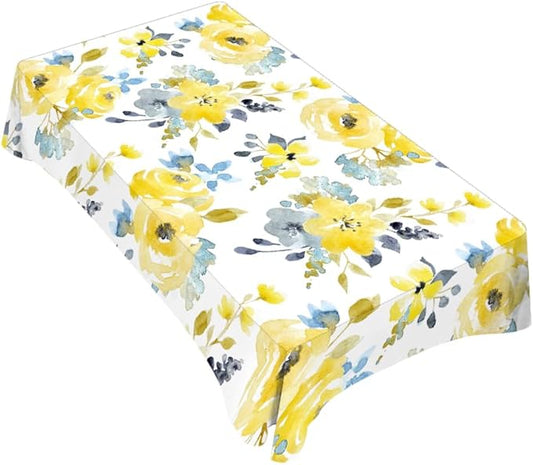 TKS MITLAN Yellow Blue Flowers Tablecloth Decor Watercolor Plant Tender Petal Bright Summer Romantic Table Cloth Dining Room Kitchen Table Cover 60" X 84" Oblong/Rectangle