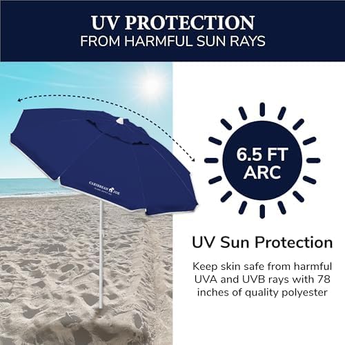 Caribbean Joe Beach Umbrella, Portable and Adjustable Tilt Sun Umbrella with UV Protection, Vented Canopy, Full 6.5 ft Arc