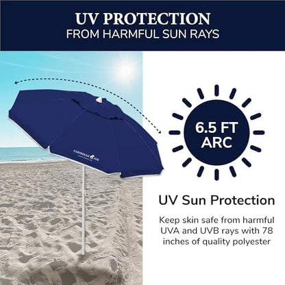 Caribbean Joe Beach Umbrella, Portable and Adjustable Tilt Sun Umbrella with UV Protection, Vented Canopy, Full 6.5 ft Arc