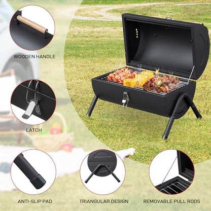 Portable Charcoal Grill - Heavy-Duty Outdoor BBQ with Thermometer & Doors, Perfect for Camping, Beach, Garden, Patio & Backyard, 42x30x36cm, Stylish Black Finish