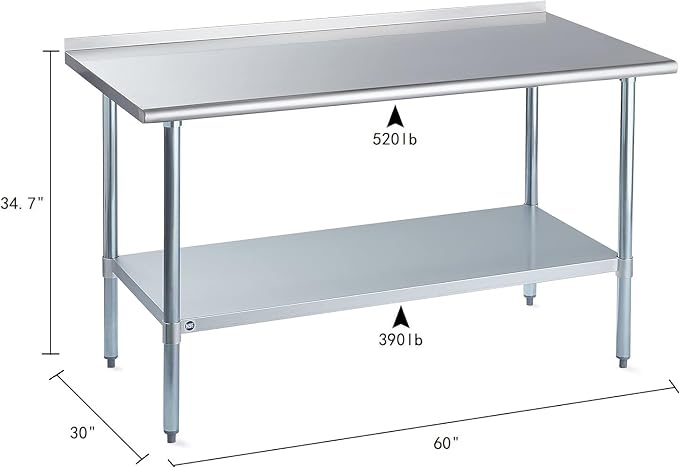 ROCKPOINT Stainless Steel Table for Prep & Work with Backsplash 30x60 Inches, NSF Metal Commercial Kitchen Heavy Duty Table with Adjustable Under Shelf and Table Foot for Restaurant, Home and Hotel