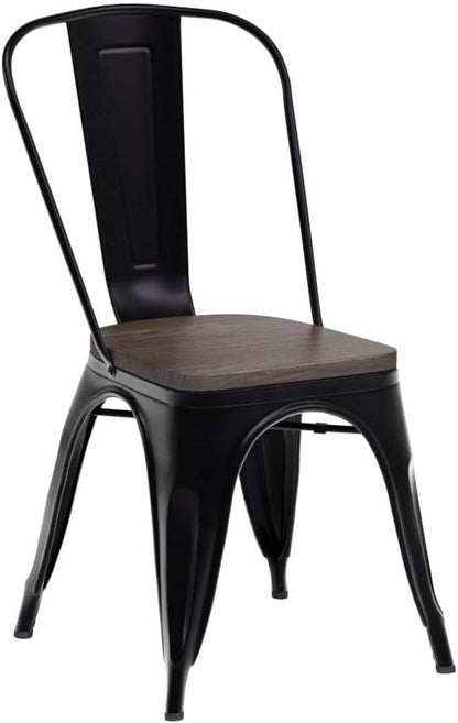 FDW | Metal Dining Chairs with Wooden Seat | Set of 4 | Black | Stackable Tolix Side Chairs with Backrest | Scratch-Resistant | Non-Slip Feet | Indoor/Outdoor Use | 330 lbs | for Dining & Kitchen