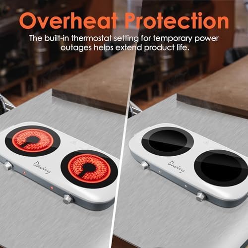 Davivy Hot Plate Electric Double Burner,1800W Rapid Heating Portable Cooktop with 7.9inch Crystallite Ceramic Glass Top,Flexible Temperature Settings,Lightweight Design for Cooking (Double-White)