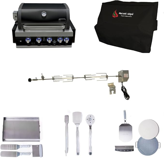 Mont Alpi Black Stainless Steel Outdoor Kitchen Island 32"W 4-Burner Built-in BBQ Grill + Accessories - Flat Top Griddle Hot Plate + Pizza Kit with Cutter & Stone + Spatulas + Tongs + Cleaning Brush