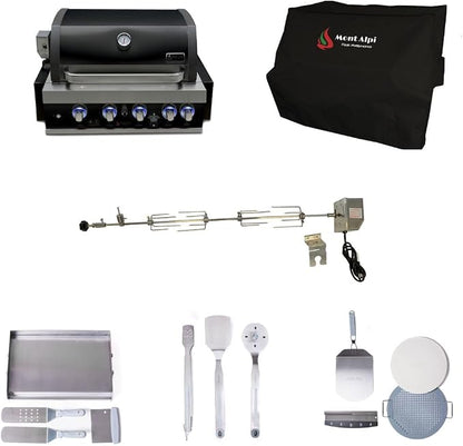 Mont Alpi Black Stainless Steel Outdoor Kitchen Island 32"W 4-Burner Built-in BBQ Grill + Accessories - Flat Top Griddle Hot Plate + Pizza Kit with Cutter & Stone + Spatulas + Tongs + Cleaning Brush