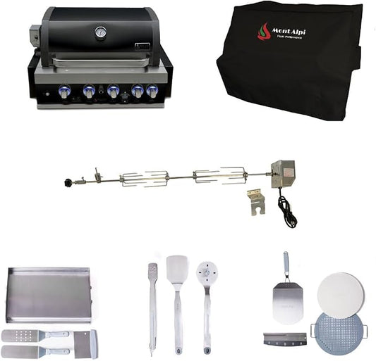 Mont Alpi Black Stainless Steel Outdoor Kitchen Island 32"W 4-Burner Built-in BBQ Grill + Accessories - Flat Top Griddle Hot Plate + Pizza Kit with Cutter & Stone + Spatulas + Tongs + Cleaning Brush