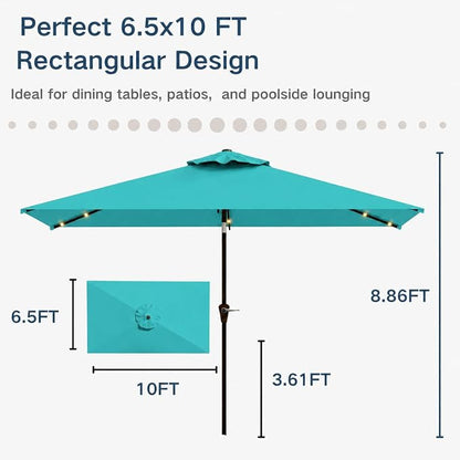 6.5 x 10ft Rectangular Patio Umbrella with Solar Lights, 16 LED Lighted Market Umbrella with Push-Button Tilt and Crank, 6 Sturdy Iron Ribs for Garden, Deck, Pool, Turquoise Blue