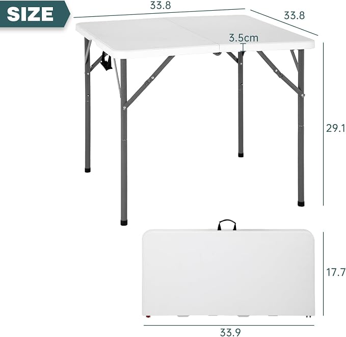 FDW | 34" Folding Table | White | Portable Plastic Table | with Carry Handle | Waterproof & Foldable Table Design | Steel Frame with Lock | for Events, Camping, Indoor & Outdoor Use