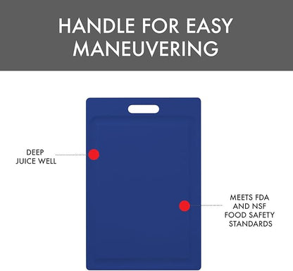 Dexas NSF Certified Polysafe Cutting Board with Handle and Juice Well, 12 x 18 inches, Reversible Kitchen Cutting Board, Blue
