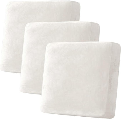 H.VERSAILTEX Velvet Stretch Couch Cushion Cover Plush Cushion Slipcover for Chair Loveseat Sofa Cushion Furniture Protector Seat Cushion Sofa Cover (3 Piece XL Sofa Cushion Covers, Porcelain White)