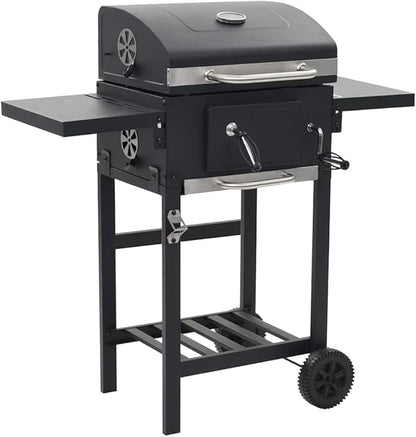 Heavy Duty Charcoal BBQ Grill with Bottom Shelf, Black Powder-Coated Steel, 2 Enamelled Cooking Grids, Foldable Side Tables, Thermometer Hood, 2 Castors