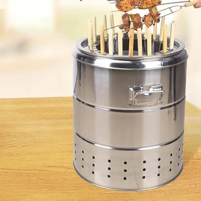 Stainless Steel Smokeless Charcoal Grill - 360° Rotating BBQ Insulated with Cotton Includes 20 Skewers & Accessories for Multi-Functional Outdoor Cooking