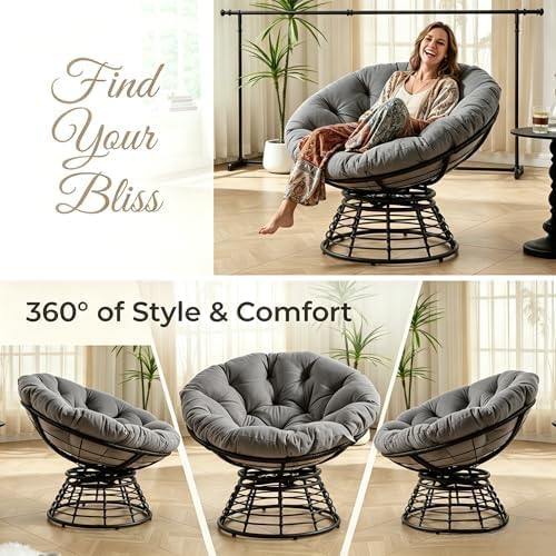 Cushion Papasan Swivel Chair, Ergonomic Wicker Round Chair with Thick Padding, Oversized Swivel Wicker Accent Chairs for Living Room, Bedroom, Reading Room, Balcony, Brown Frame, Gray