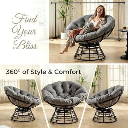 Cushion Papasan Swivel Chair, Ergonomic Wicker Round Chair with Thick Padding, Oversized Swivel Wicker Accent Chairs for Living Room, Bedroom, Reading Room, Balcony, Brown Frame, Gray