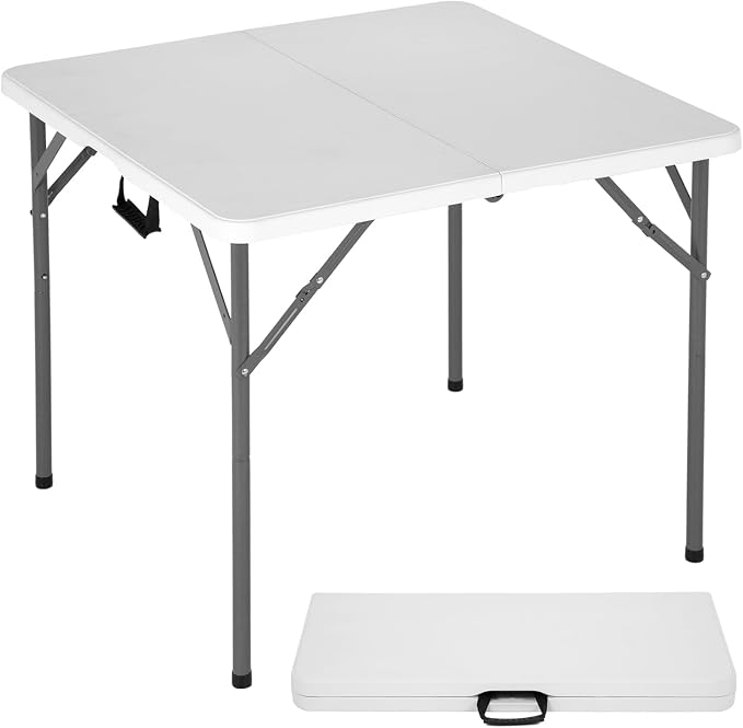 PayLessHere 34" Square Plastic Folding Card Table, Portable Outdoor Dining Table with Collapsible Legs and Carrying Handle,Plastic Tables for Camping,Picnic, Office, Party, White