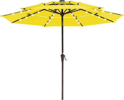 JEAREY 9 ft 3-Tier Outdoor LED Lighted Patio Umbrella w/Crank, Yellow | Solar Market Table Umbrella with 8 Sturdy Ribs, UV Protection Waterproof Sunproof for Garden, Deck and Backyard