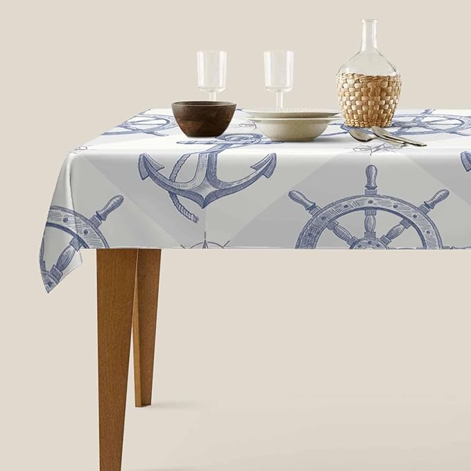 TKS MITLAN Tablecloth Ship Anchor Table Cloth Rectangle Table 60 x 84 Inch Rudder Compass Nautical Journey Vintage Kitchen Decorations for Home Dinner Party