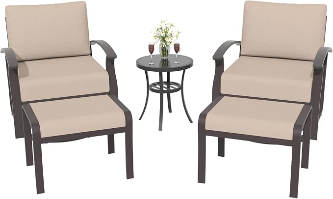 ALAULM 5 Piece Aluminum Outdoor Swivel Chairs High Back Metal Swivel Rocking Chairs with 5.1" Sponge Cushions, 2 Ottmans and 1 Coffee Table for Patio, Porch, Backyards, GardenSand