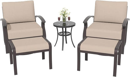 ALAULM 5 Piece Aluminum Outdoor Swivel Chairs High Back Metal Swivel Rocking Chairs with 5.1" Sponge Cushions, 2 Ottmans and 1 Coffee Table for Patio, Porch, Backyards, GardenSand