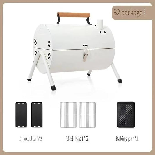 Portable Charcoal BBQ Grill, 16.7x11.4x11.6 inches, Foldable Steel Construction with Ash Pan, Smokeless Design for Camping and Outdoor Cooking (Circular oven [White with baking tray])