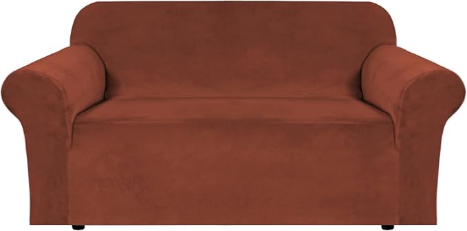 H.VERSAILTEX Stretch Velvet Loveseat Covers for 2 Cushion Couch Covers for Living Room Sofa Covers Slipcovers with Non Slip Straps Bottom, Ultra Thick Comfy Velour (Width 58"-72", Rust)