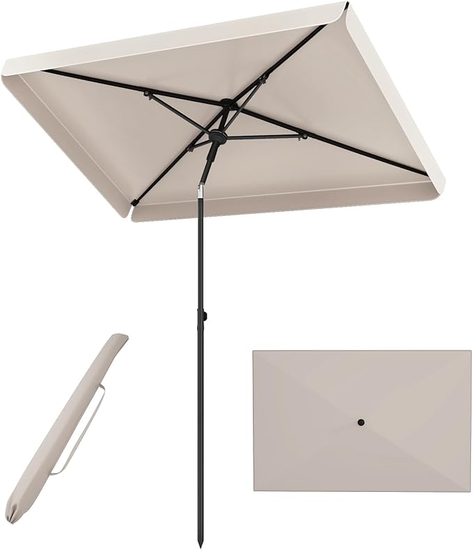 Tangkula 6.5 x 4.3 FT Rectangular Patio Umbrella, Portable Outdoor Market Table Umbrella with Push Button Tilt for Balcony Garden Backyard Deck Pool (Beige)