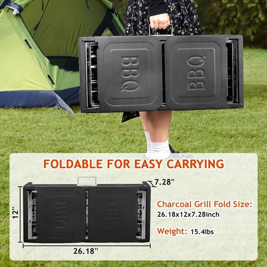 Portable Charcoal Grill, Foldable BBQ Grill with 2-in-1 Non-Stick Griddle & Carrying Bag, Large Kabob Barbecue Grill for Outdoor Camping, Garden, Backyard Party, Picnic, Stainless Steel Grill Grate