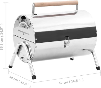 vidaXL Portable Tabletop Charcoal BBQ Grill Tabletop Grills Camping Picnic Barrel BBQ Grills Outdoor Camp Stainless Steel Double Grids